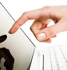 Software : businessman hand pushing a button on a touch screen interface  Stock Photo